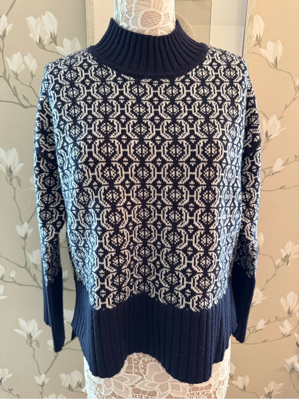 Free Assembly Classic Navy and Cream Patterned Funnel Neck Sweater